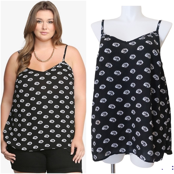 Torrid 2X Plus Size Lip Print Black & White Georgette Sheer Edgy Tank Top Blouse - Picture 1 of 10